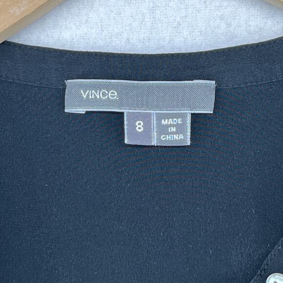 VINCE Top Women 8 Silk Crepe de Chine Colorblock Tunic Keyhole Long Sleeve Black - Picture 5 of 16